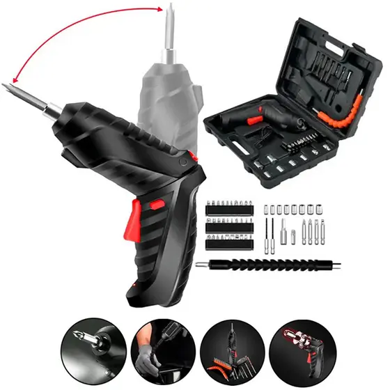 Parafusadeira Portátil Sem Fio Kit 46 Peças Chaves Fenda Broca Philips Usb Dupla posição