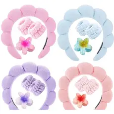 Tiara Famosa kIT 4 PCS Acessórios de Skincare Spa Feminino - Presilha de Flor Tiara Nuvem Faixa de Pulso