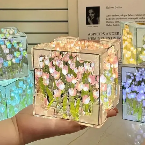 Luz Noturna De Tulipa Acrílica DIY-Abajur De Mesa De Flores Com Espelho Cubo 2 Em 1 Design Presente Natal Aniversario