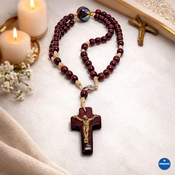 Kit 10 Terço de Pulso Madeira com Imagem Nossa Senhora e São Bento