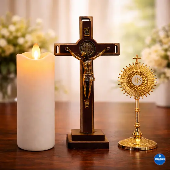 LIKit Religioso Ostensório 13cm Dourado + Crucifixo 15cm + Vela LED LISA