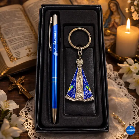 Kit Caneta + Chaveiro Nossa Senhora Aparecida Metal Dourado