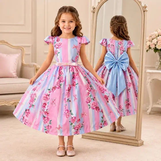 Vestido Infantil Menina Borboleta Florais de Borboletas Rodado Festa Aniversario laço Criança