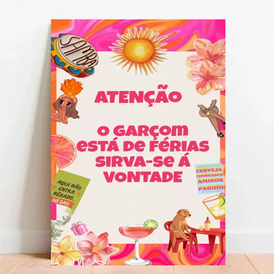 Placa Decorativa Garçom de Férias Bar Cerveja Aniversário Decoração de Parede - Divertido Boteco