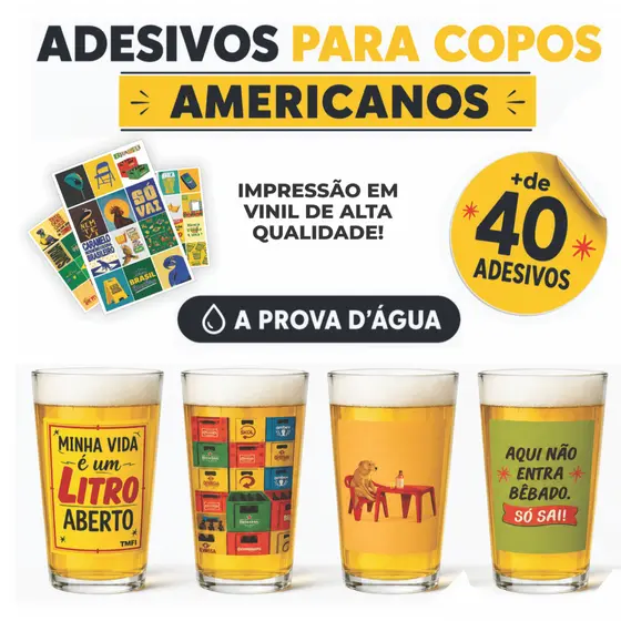 KIT 40 ADESIVOS Copo Americano BRASILIDADE - UV à Prova d'Água - Pronto para Aplicar Cerveja Bar