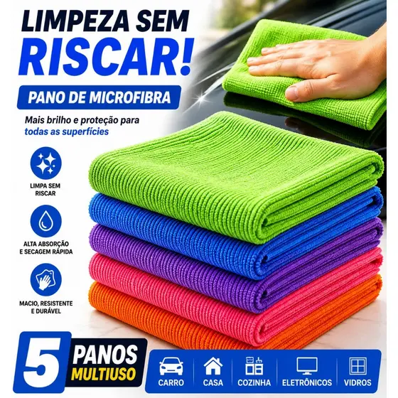 Pano de Microfibra Kit 5 Unidades Limpeza Multiuso Alta Absorção Casa Carro