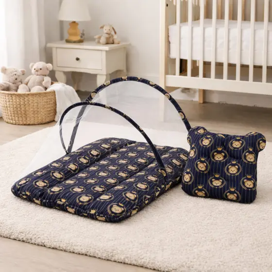 Kit Berço Portatil com Tela Anti Inseto Acolchoado  + Travesseiro Bebê Anatômico Tecido Estampado