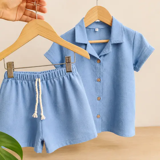 Conjunto Infantil Menino Verão – Camisa com Botões e Gola + Shorts com Elástico