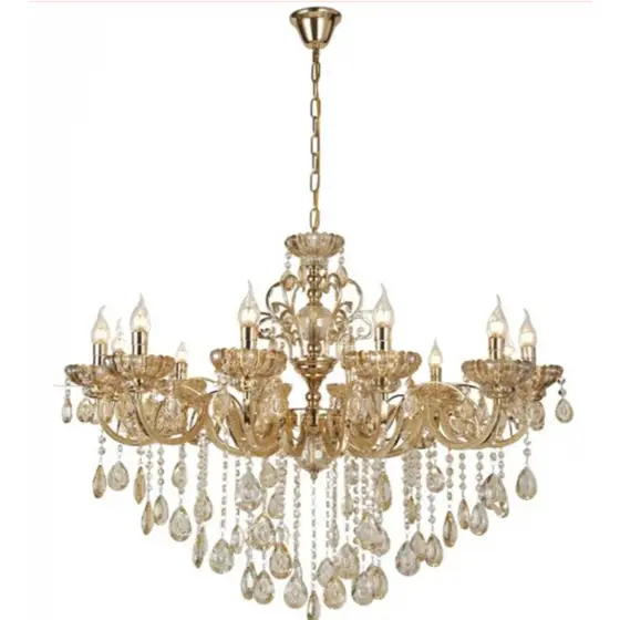 Lustre Pendente Candelabro 12 braços Cristal - Champanhe - Tranparente. 1 andar