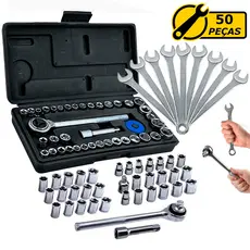 Kit Jogo Ferramentas 50 Peças Com Chave Combinadas Várias Medidas Chave Catraca Reversível Soquetes