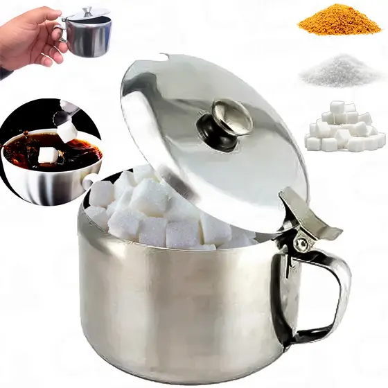 Açucareiro Luxo Em Aço Inox Cromado Profissional Com Tampa Alça Casa Cozinha Design Moderno