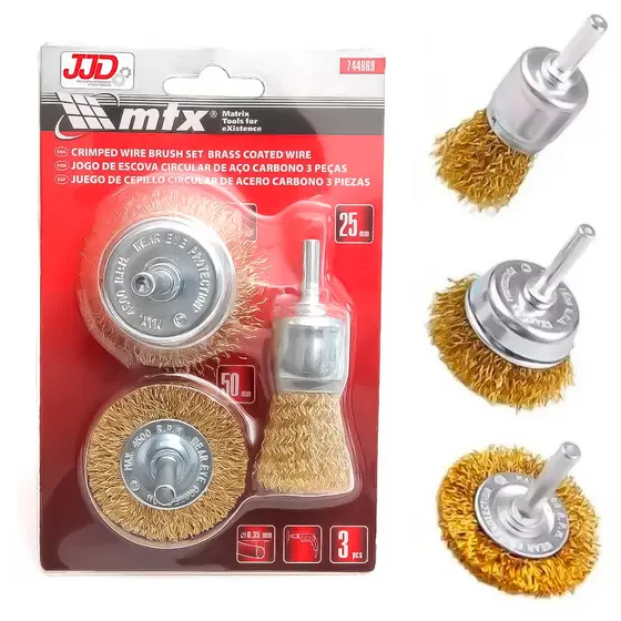 Kit Jogo Escova Circular De Aço Carbono 3 Peças Plana 50mm Copos 25 E 50mm Limpeza De Ferrugem