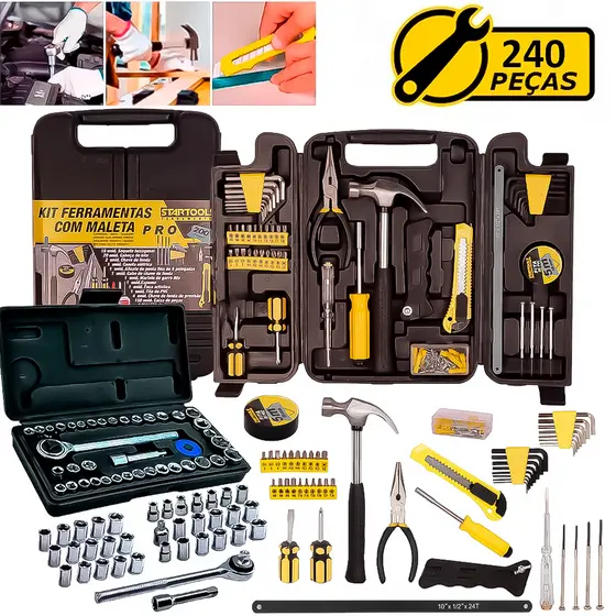 Kit Jogo De Ferramentas 240 Peças Mulituso Soquetes Chave Catraca Reversível Semiprofissional