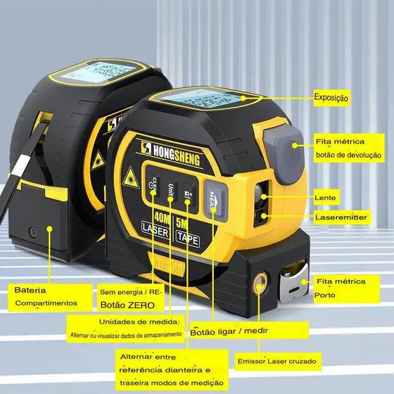 Trena Laser Digital 60m com Fita Métrica 5m Medidor de Distância LCD