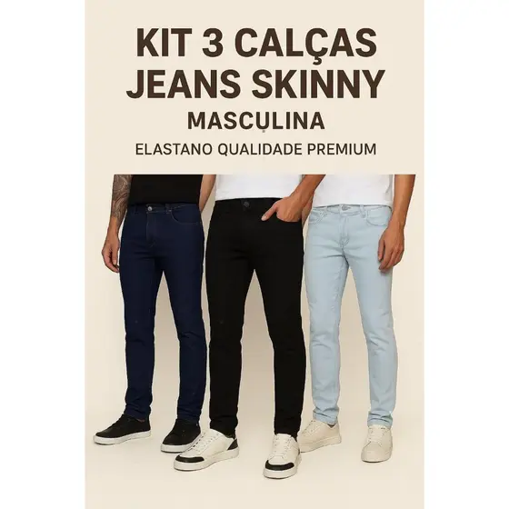 KIT 3 Calça Jeans Masculina Skinny Original Elastano Qualidade Premium