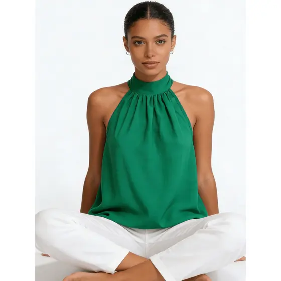 Blusa Regata Elegante Gola Alta Franzida com Amarração nas Costas – Duna