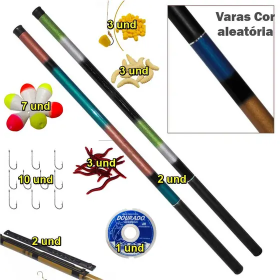 KIT 2 VARAS TELESCOPICA 2,70 M + LINHA + ANZOL + BOIA + ISCAS ARTIFICIAIS