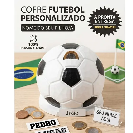 Cofrinho Bola de Futebol Decoração 3D - Presente Infantil Quarto Gamer Personalizado Mesa Festa Sala