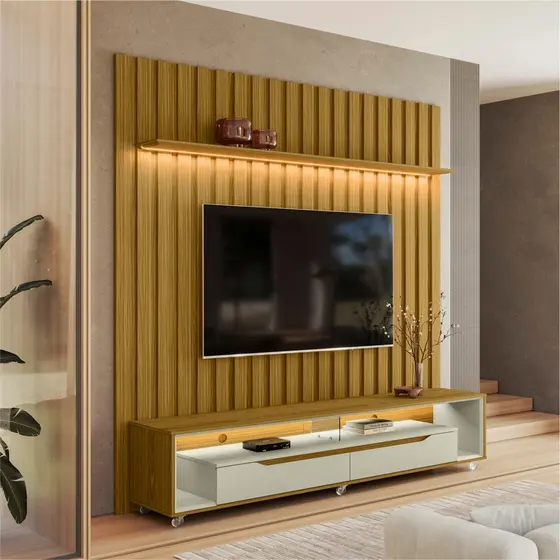 Painel Ripado com Led London 177cm e Rack Loop com Rodízios TV 70 Polegadas – Olivar Móveis