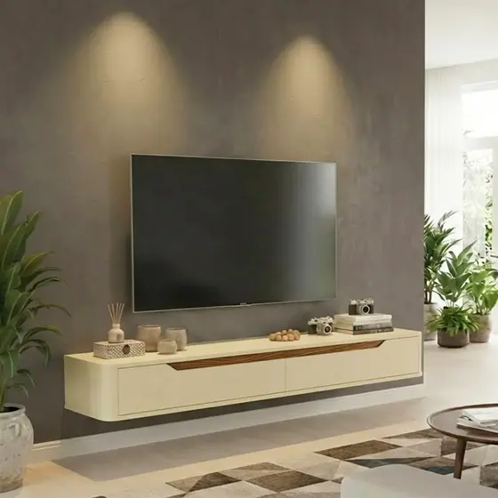 Rack Suspenso Slim Curvo 160cm para TV até 55” Moderno Luxo com Portas Basculantes