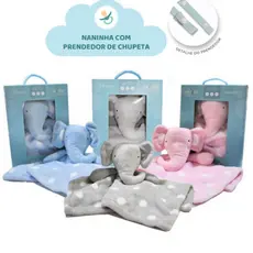 Naninha Bebê com Prendedor de Chupeta - Safari Elefante - 36 x 36 cm - Conforto para seu bebê