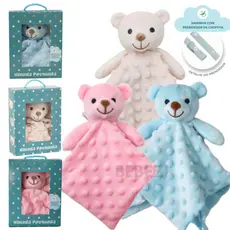 Naninha Bebê com Prendedor de Chupeta - Urso Azul Bege e Rosa - Pelucia Pipoquinha Hipoalergenica