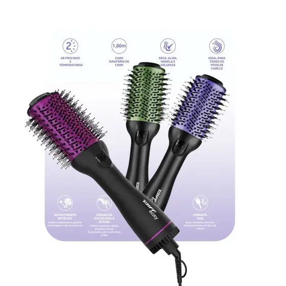 Escova De Cabelo Secadora Taiff 110V Easy Oval 1200W Seca Alisa E Modela Verde ou Lilás