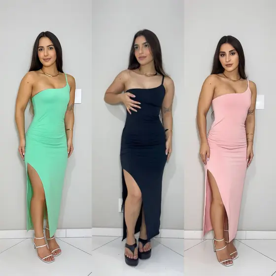 Vestido Midi Longo Mula Manca com Fenda Suplex  Um Ombro Só– Elegante, Justo e Confortável, OUTONO- INVERNO!