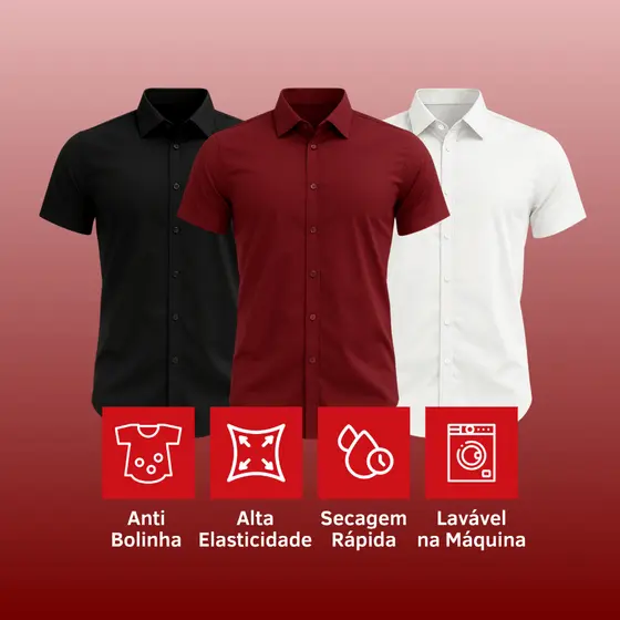 Kit 3 Camisa Social Masculino Slim Fit Premium Luxo Elastano Slim Casual Elegante