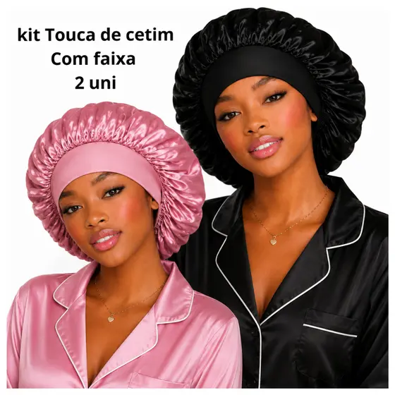 Kit 2 Toucas de Cetim com faixa Macia Antifrizz para dormir Para cabelos Cacheados Crespos e Lisos