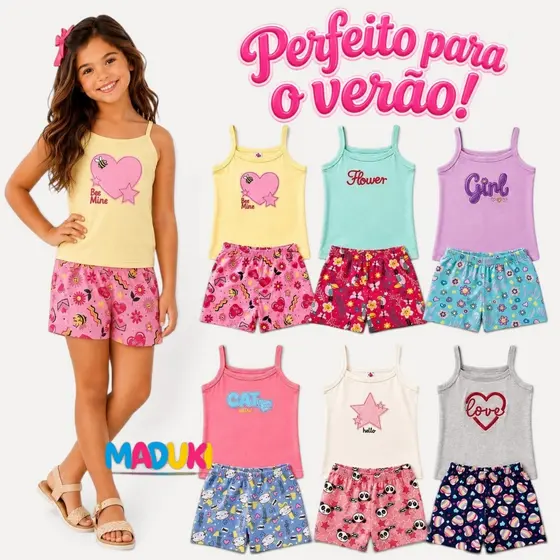 Kit 4 Peças Infantil Juvenil Menina com Blusa Bordada de Alça e Shorts Estampado Verão Tam. 1 a 16