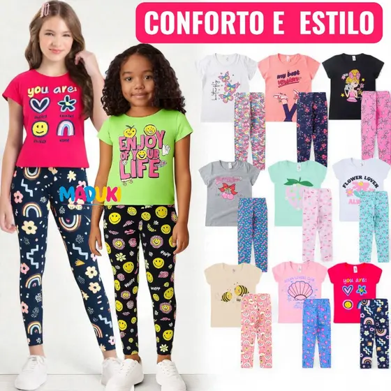 Kit 4 Peças Infantil Juvenil Menina Camiseta e Legging Tamanhos 1 a 16 Moda Infantil Feminina
