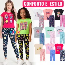 Kit 4 Peças Infantil Juvenil Menina Camiseta e Legging - Tamanhos 1 a 16 - Conjunto Infantil Menina