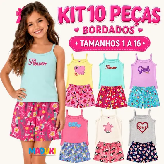 Kit 10 Peças Menina Verão Blusas de Alça Bordadas Shorts Estampados Tam 1 a 16