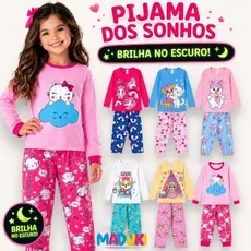 Kit 4 Peças Pijama Infantil Feminino Inverno Manga Longa Pijama que Brilha no Escuro