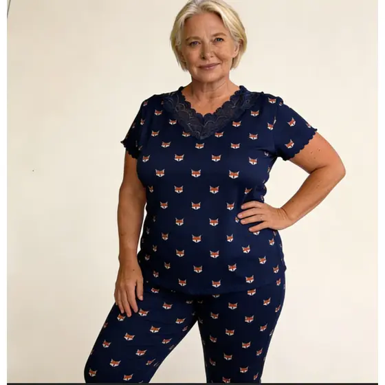 Pijama Pescador Feminino Conjunto Blusa Manga Curta e Calça Pantacourt Confortável Dia a Dia
