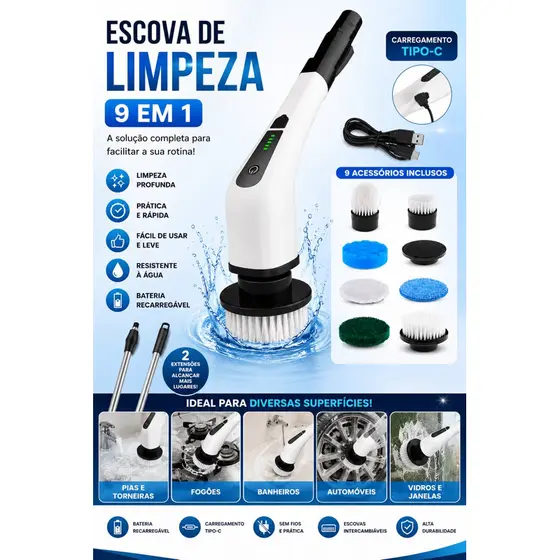 Esfregão Elétrico 9 em 1 Sem fio Escova De Limpeza Pesada Multiuso Recarregável Giratória