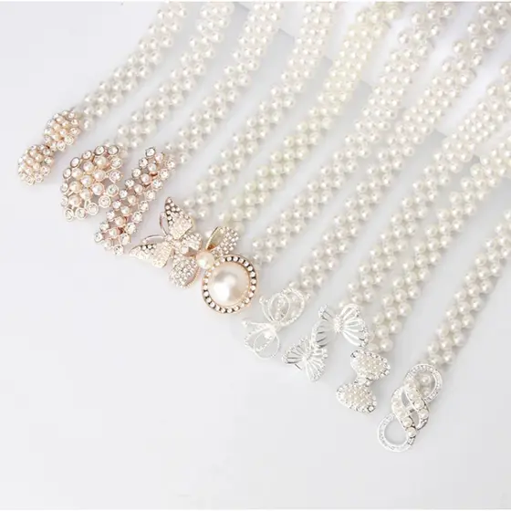 Cinto Feminino Corrente Com Pérolas Lançamento Elástico e Metal