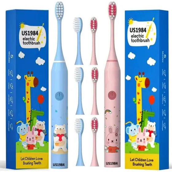 KIT 02UN Escova De Dentes Elétrica Infantil Recarregável USB Com Timer À Prova D'água Bivolt