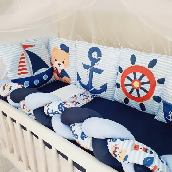 Kit Mini Berço com 12 peças + Saia de Berço Bebê Menino Marinheiro
