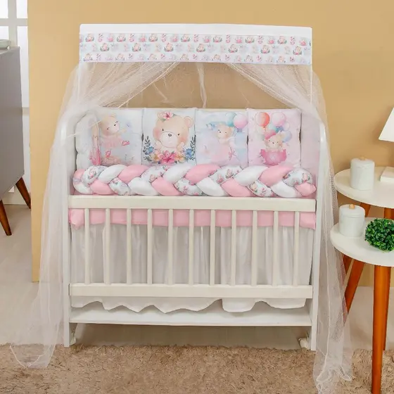 KIT PARA MINI BERÇO ALMOFADINHAS 12 PEÇAS + SAIA - MENINAS