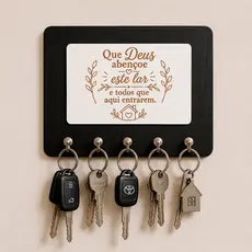 Porta Chaves Parede Decorativo Moderno com frase religiosa “Que deus abençoe este lar e todos que aqui entrarem”.