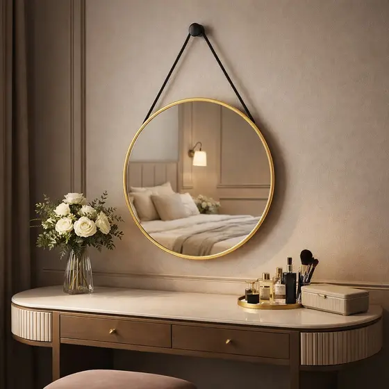 Espelho Adnet Redondo 50cm Com Alça e Suporte Decorativo Para Sala Lavabo Banheiro