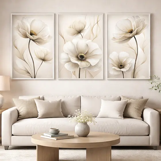 Quadro Decorativo Primavera Eterna Floral Com Moldura Branca 3 Telas 50x75 Sala Quarto