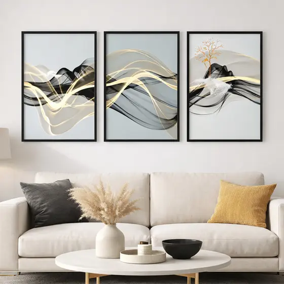 Quadro Decorativo Oscilação Abstrato Moderno Com Moldura 3 Telas Elegante Para Sala Quarto