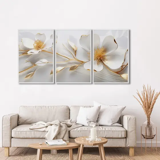 Quadro Decorativo Elegância em Flor Em 3 Telas Moldura Branca 50x75