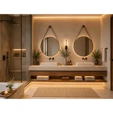Kit 2 Espelhos Redondos Adnet 50cm com Alça de Couro com Suporte Decorativo para Banheiro, Sala, Quarto, Lavabo e Hall