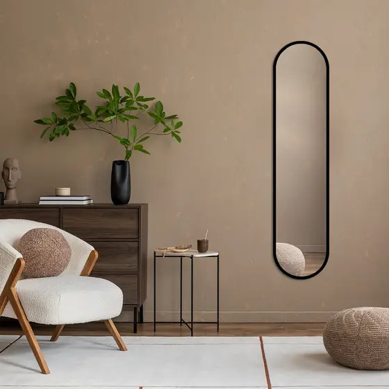 Espelho Oval Luxo Capsula Pilula 160x38cm Moldura Couro Minimalista