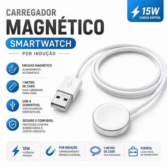 Carregador Smartwatch Magnético 15W Por Indução Portátil Cabo 1 Metro USB Carregamento Rápido