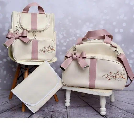 bolsa Maternidade kit 3 Peças com Bordado mamae e bebe RAMA/ GALHO / LEAO l Faixa Laço e Trocador